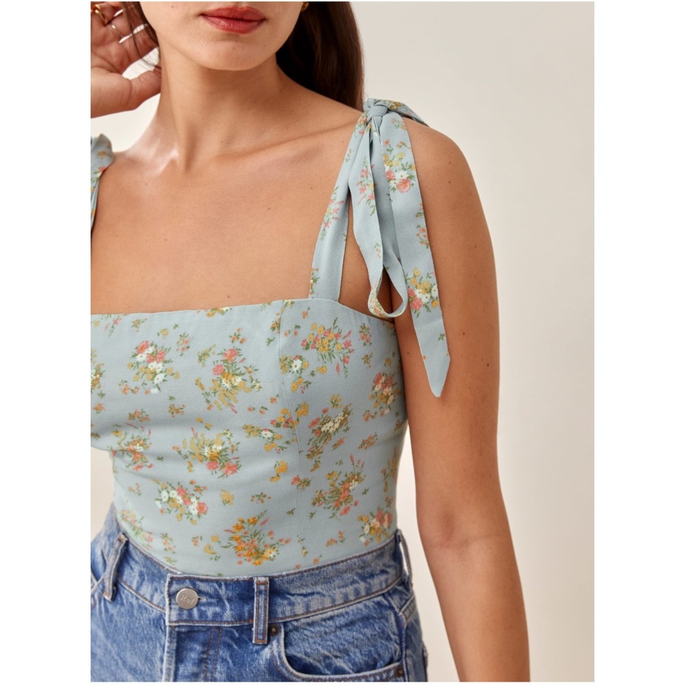 Reformation Ellora Top Grazia Floral Tie Strap Smocked Back Blue Size 0